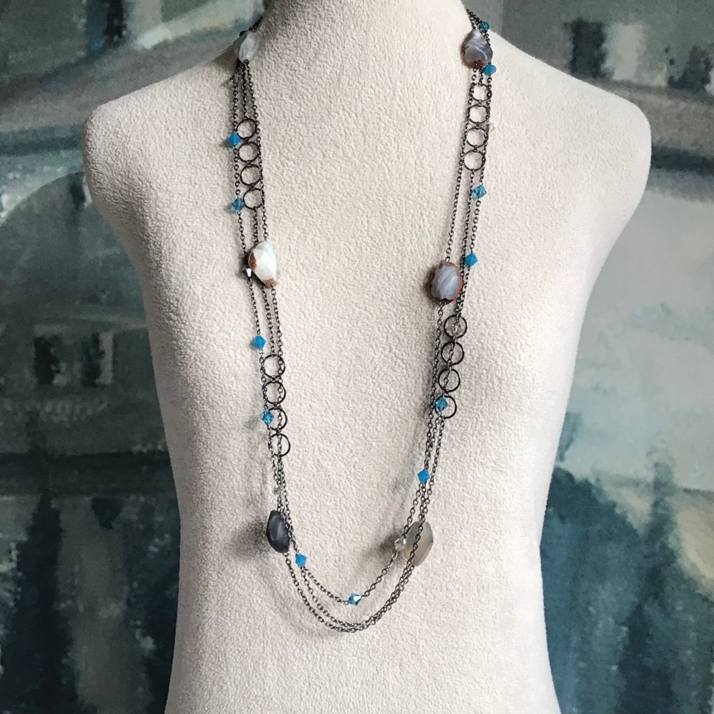 Multistrand Gunmetal Boho Necklace with Agate & Glass Bead Accents Signed